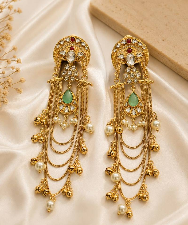 Gold plated sage green kundan chain drop statement earrings