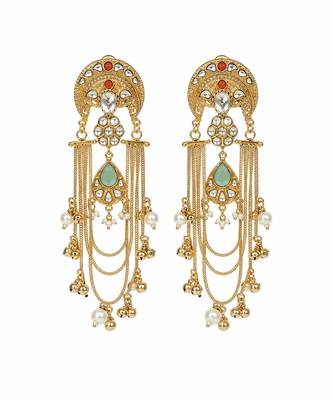 Gold plated sage green kundan chain drop statement earrings 3