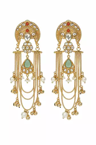 Gold plated sage green kundan chain drop statement earrings