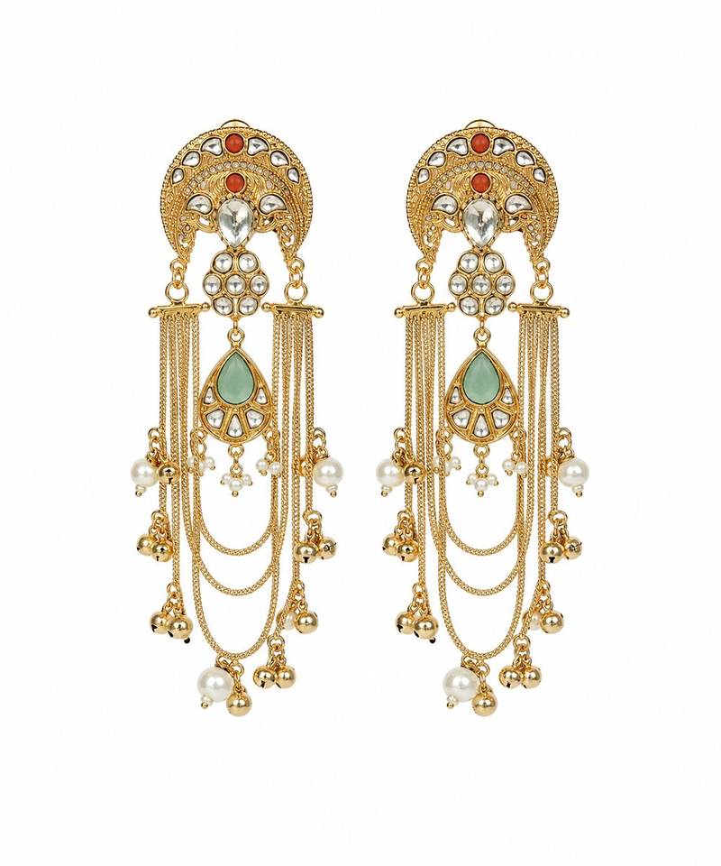 Gold plated sage green kundan chain drop statement earrings