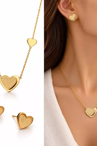 Anti-Tarnish Golden Heart Charm Necklace Set with Earrings