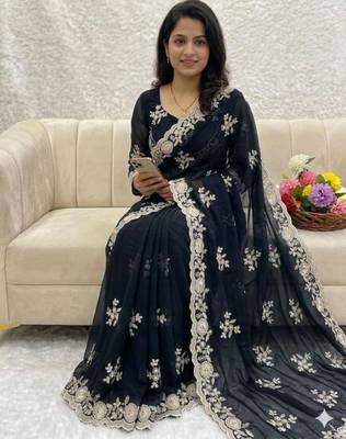 Black silk blend sequins work embroidered saree 2