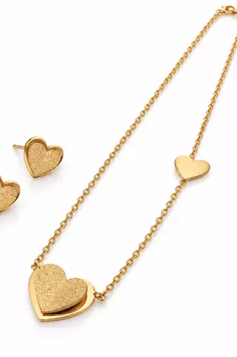 Anti-Tarnish Golden Heart Charm Necklace Set with Earrings