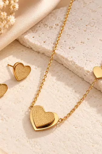 Anti-Tarnish Golden Heart Charm Necklace Set with Earrings