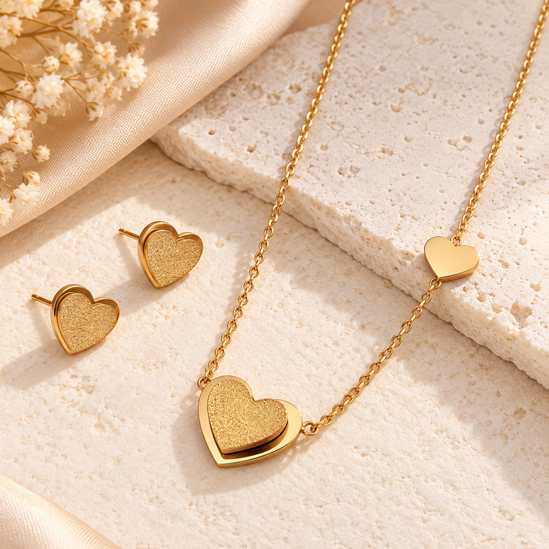 Anti-Tarnish Golden Heart Charm Necklace Set with Earrings
