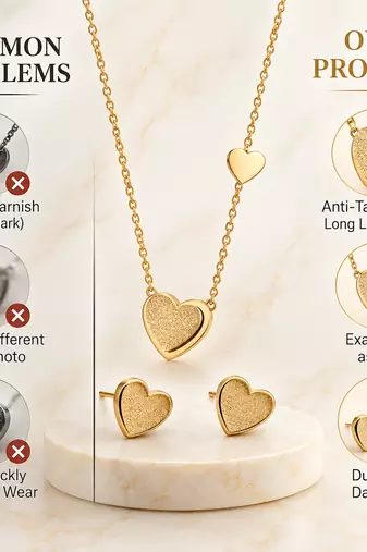 Anti-Tarnish Golden Heart Charm Necklace Set with Earrings