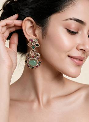 Gold plated multicolor semi precious floral statement earrings 1