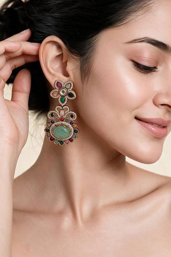 Gold plated multicolor semi precious floral statement earrings
