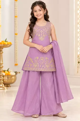 Lavender silver embroidered sleeveless kurti palazzo set with dupatta for girls