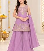 Lavender silver embroidered sleeveless kurti palazzo set with dupatta for girls