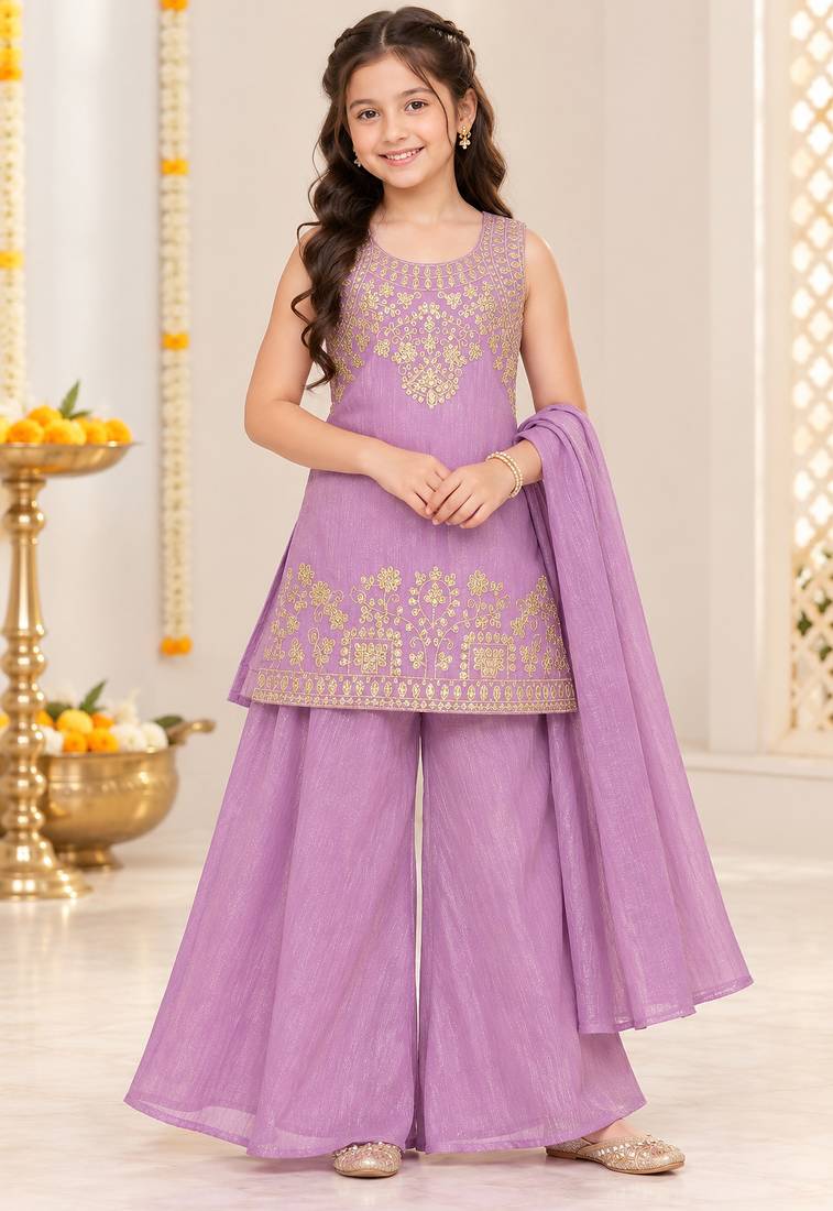 Lavender silver embroidered sleeveless kurti palazzo set with dupatta for girls