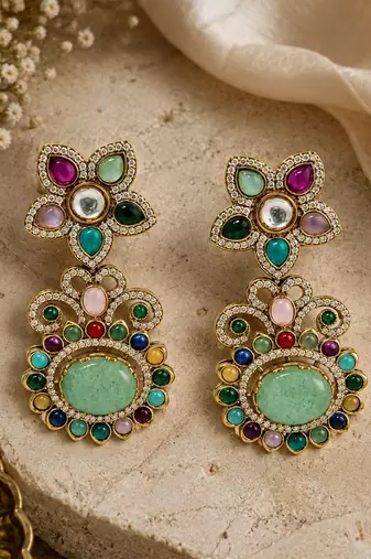 Gold plated multicolor semi precious floral statement earrings