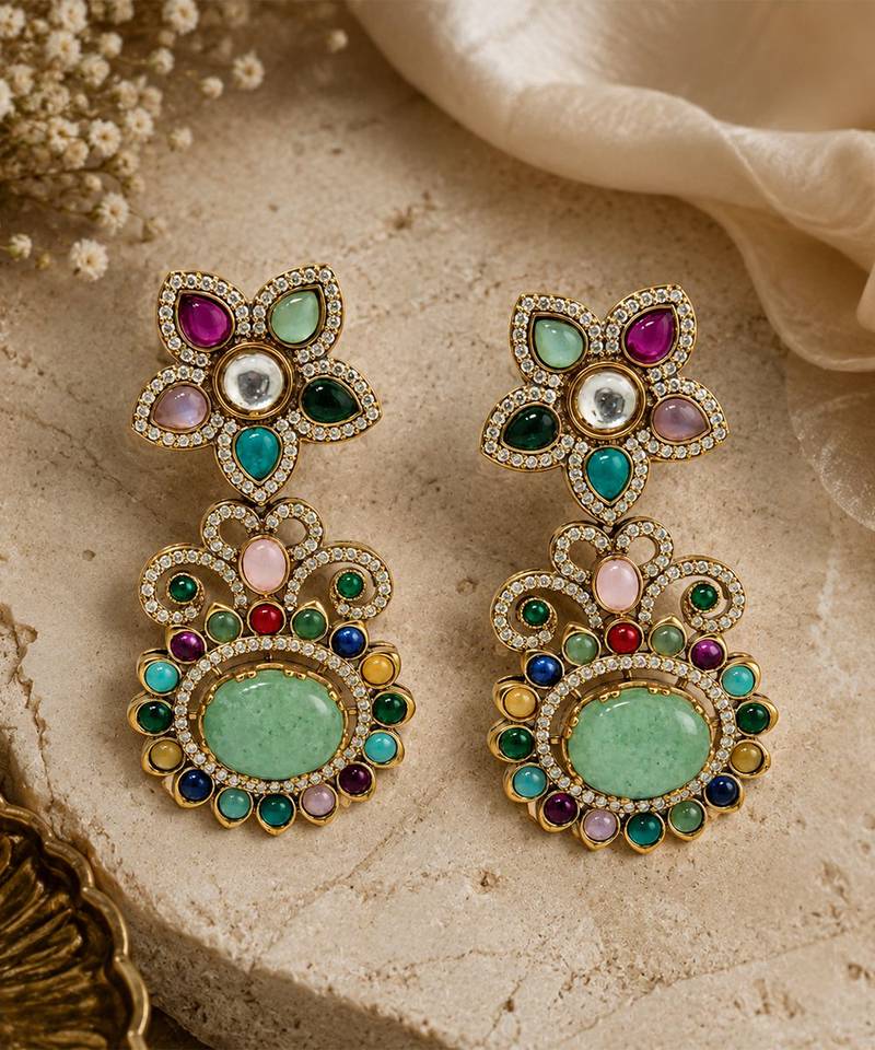 Gold plated multicolor semi precious floral statement earrings