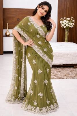 Olive silk blend sequins work embroidered saree 2