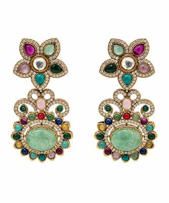 Gold plated multicolor semi precious floral statement earrings 3