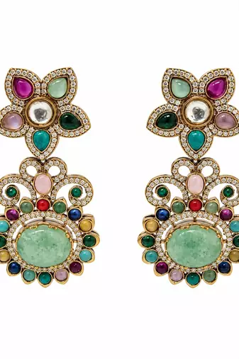 Gold plated multicolor semi precious floral statement earrings