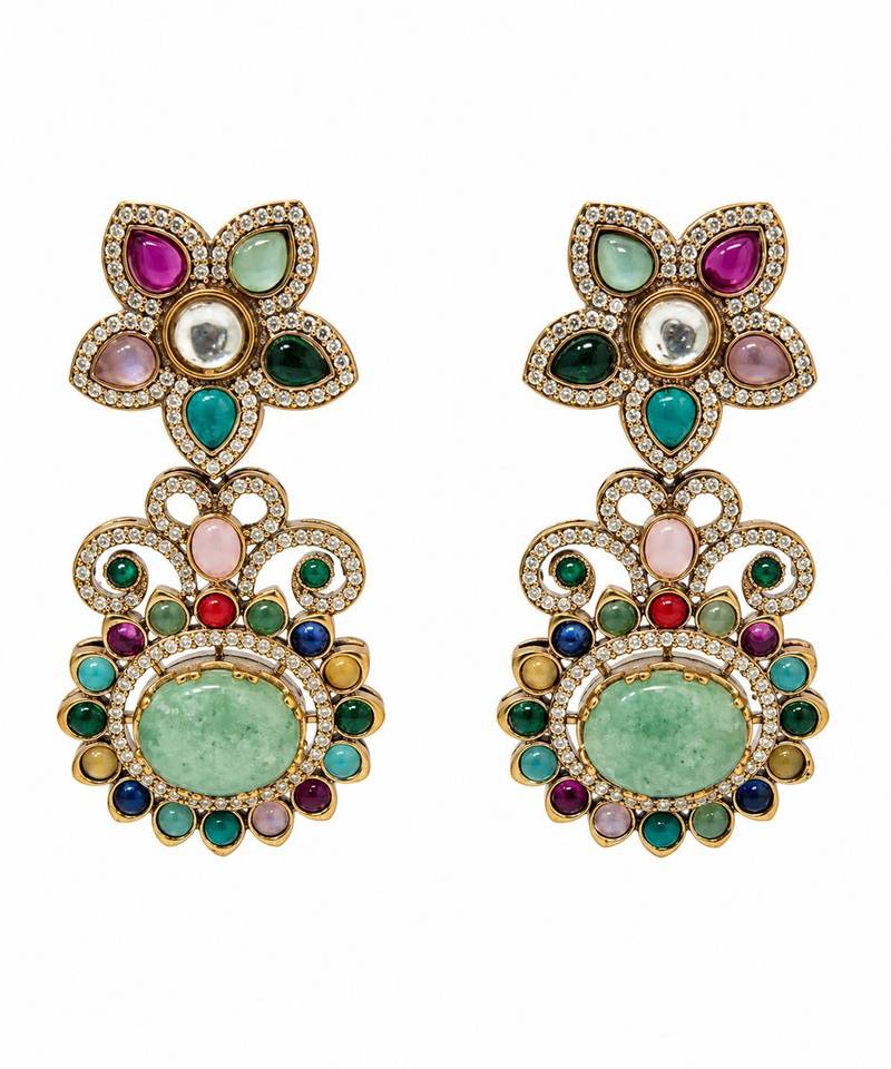 Gold plated multicolor semi precious floral statement earrings