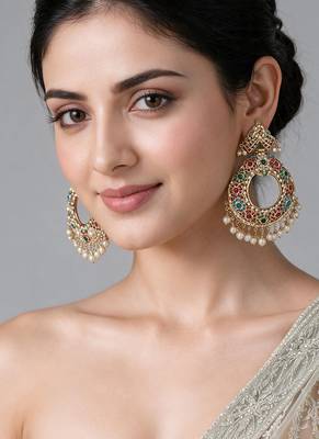 Gold plated multicolor jadau pearl chandbali earrings 1