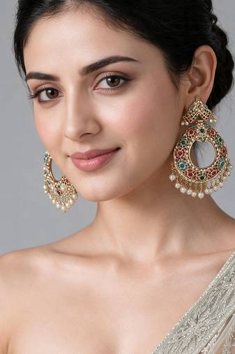 Gold plated multicolor jadau pearl chandbali earrings