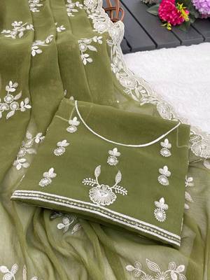 Olive silk blend sequins work embroidered saree 3
