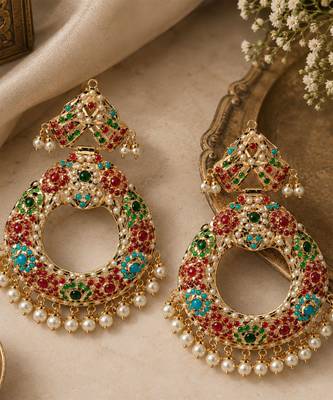 Gold plated multicolor jadau pearl chandbali earrings 2