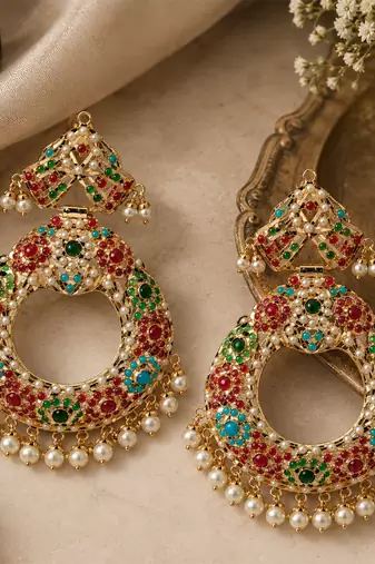 Gold plated multicolor jadau pearl chandbali earrings