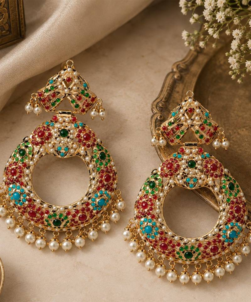 Gold plated multicolor jadau pearl chandbali earrings