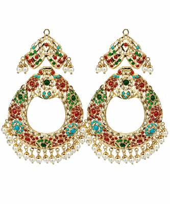 Gold plated multicolor jadau pearl chandbali earrings 3