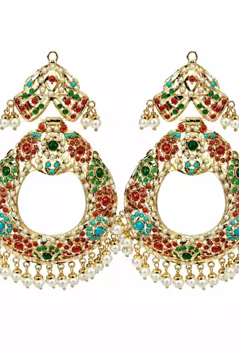 Gold plated multicolor jadau pearl chandbali earrings