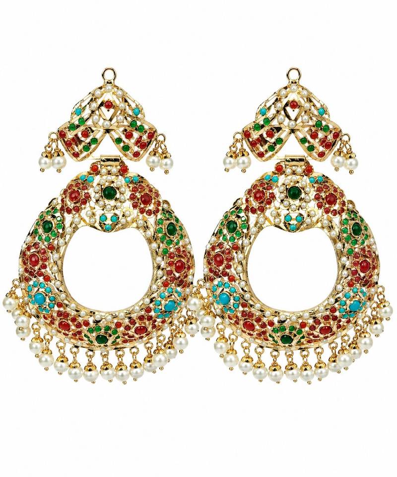 Gold plated multicolor jadau pearl chandbali earrings