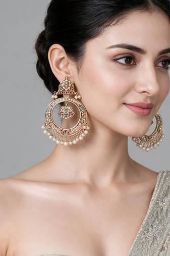 Gold plated multicolor jadau pearl hoop statement earrings
