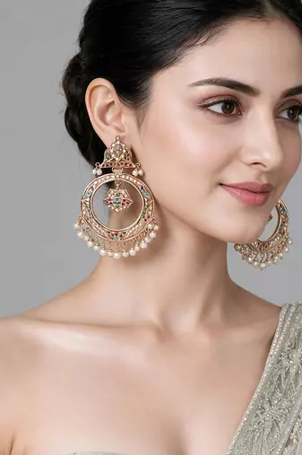 Gold plated multicolor jadau pearl hoop statement earrings
