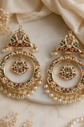 Gold plated multicolor jadau pearl hoop statement earrings