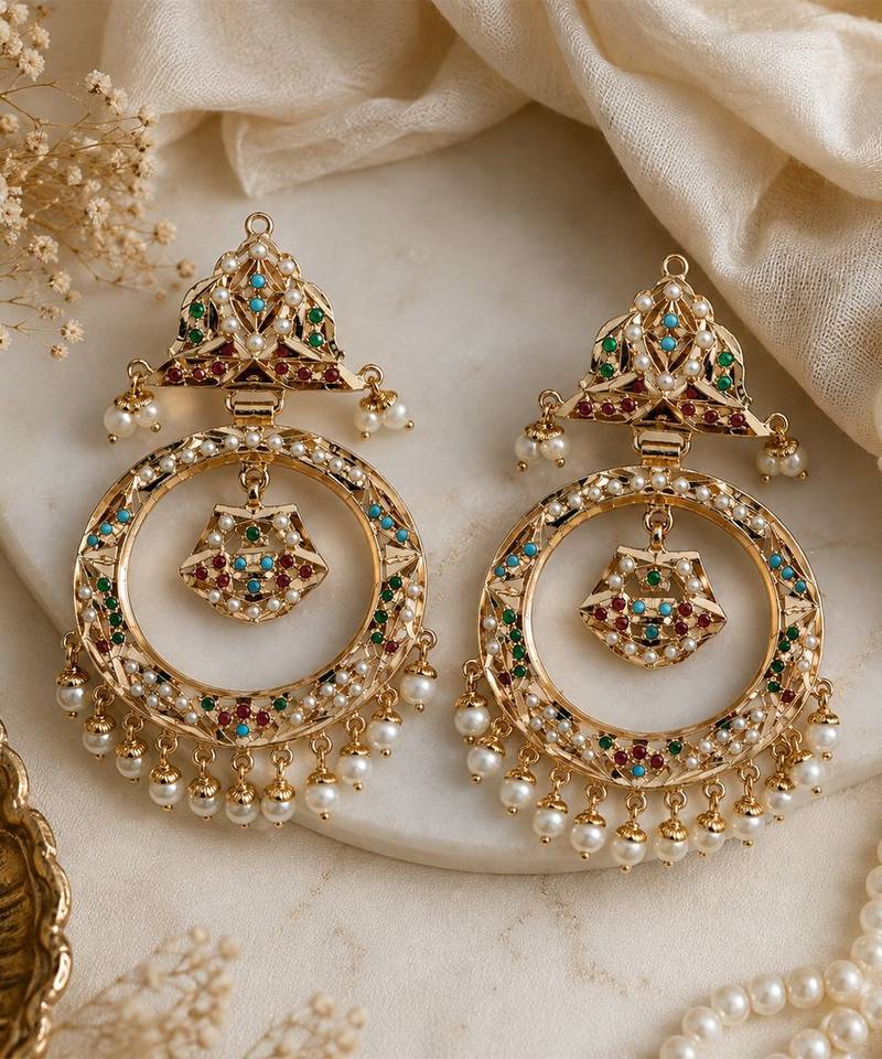 Gold plated multicolor jadau pearl hoop statement earrings