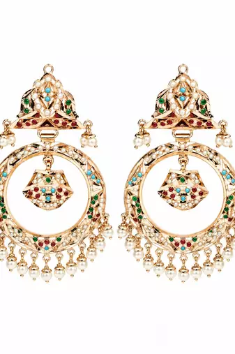 Gold plated multicolor jadau pearl hoop statement earrings