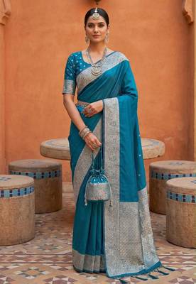 Blue silk blend banarasi silk woven saree 1