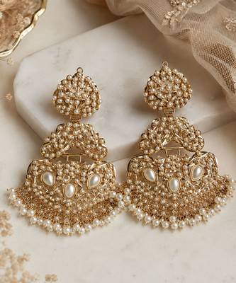 Gold plated jadau pearl embellished statement earrings 2