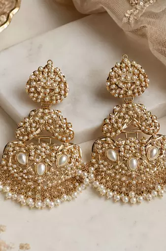 Gold plated jadau pearl embellished statement earrings