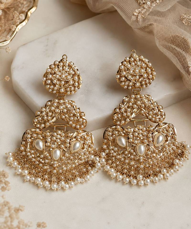 Gold plated jadau pearl embellished statement earrings