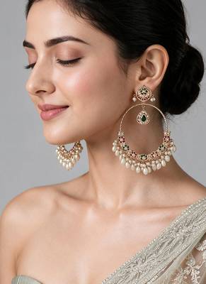 Gold plated multicolor jadau pearl hoop earrings 1