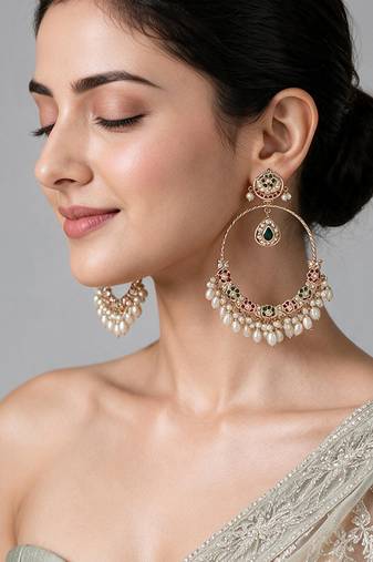 Gold plated multicolor jadau pearl hoop earrings