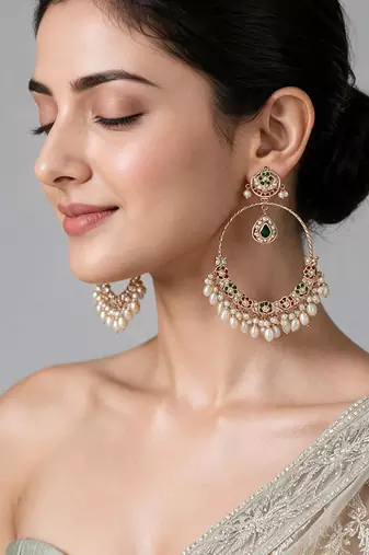 Gold plated multicolor jadau pearl hoop earrings