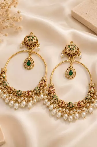 Gold plated multicolor jadau pearl hoop earrings