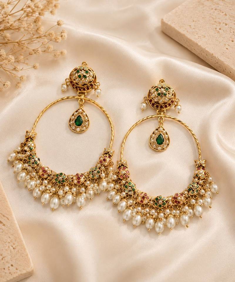 Gold plated multicolor jadau pearl hoop earrings