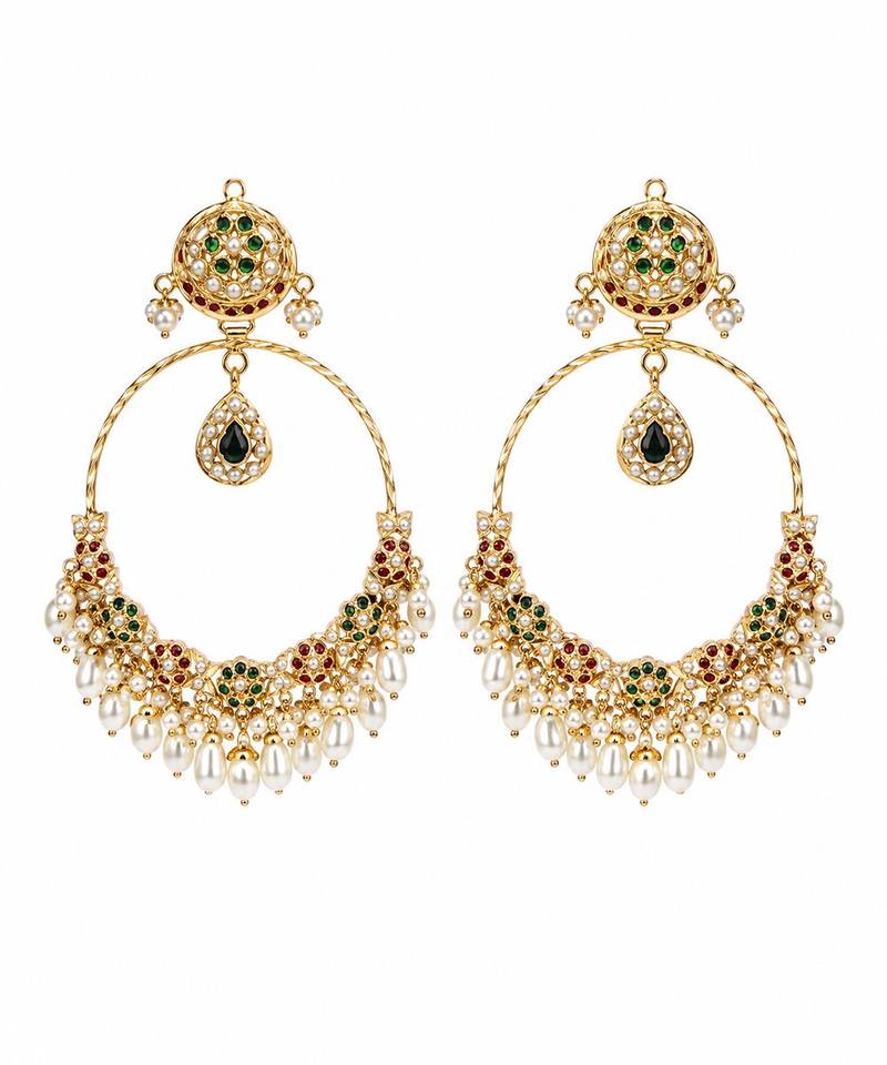 Gold plated multicolor jadau pearl hoop earrings