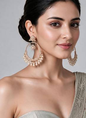 Gold plated jadau pearl embellished hoop earrings 1