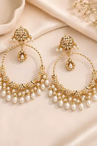 Gold plated jadau pearl embellished hoop earrings