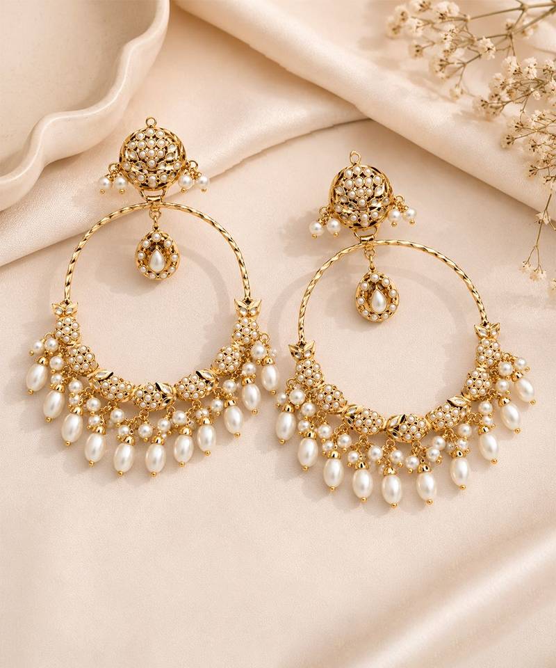 Gold plated jadau pearl embellished hoop earrings