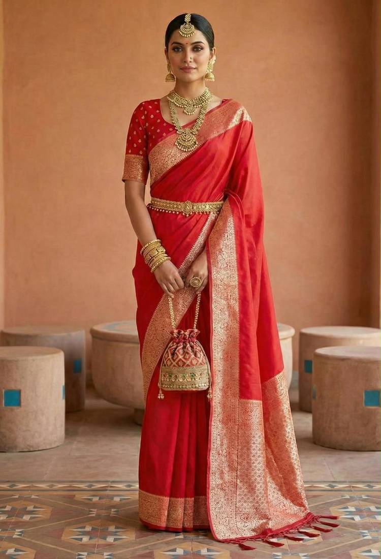 Red silk blend banarasi silk woven saree