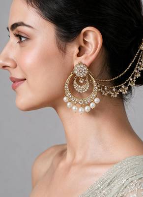 Gold plated pearl kundan chandbali earrings with ear chains 1